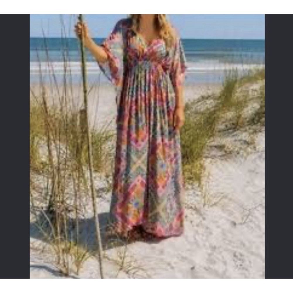 Natural Life Daniel Pink Floral Smocked Waist Kimono Maxi Dress Boho Beach Sz S